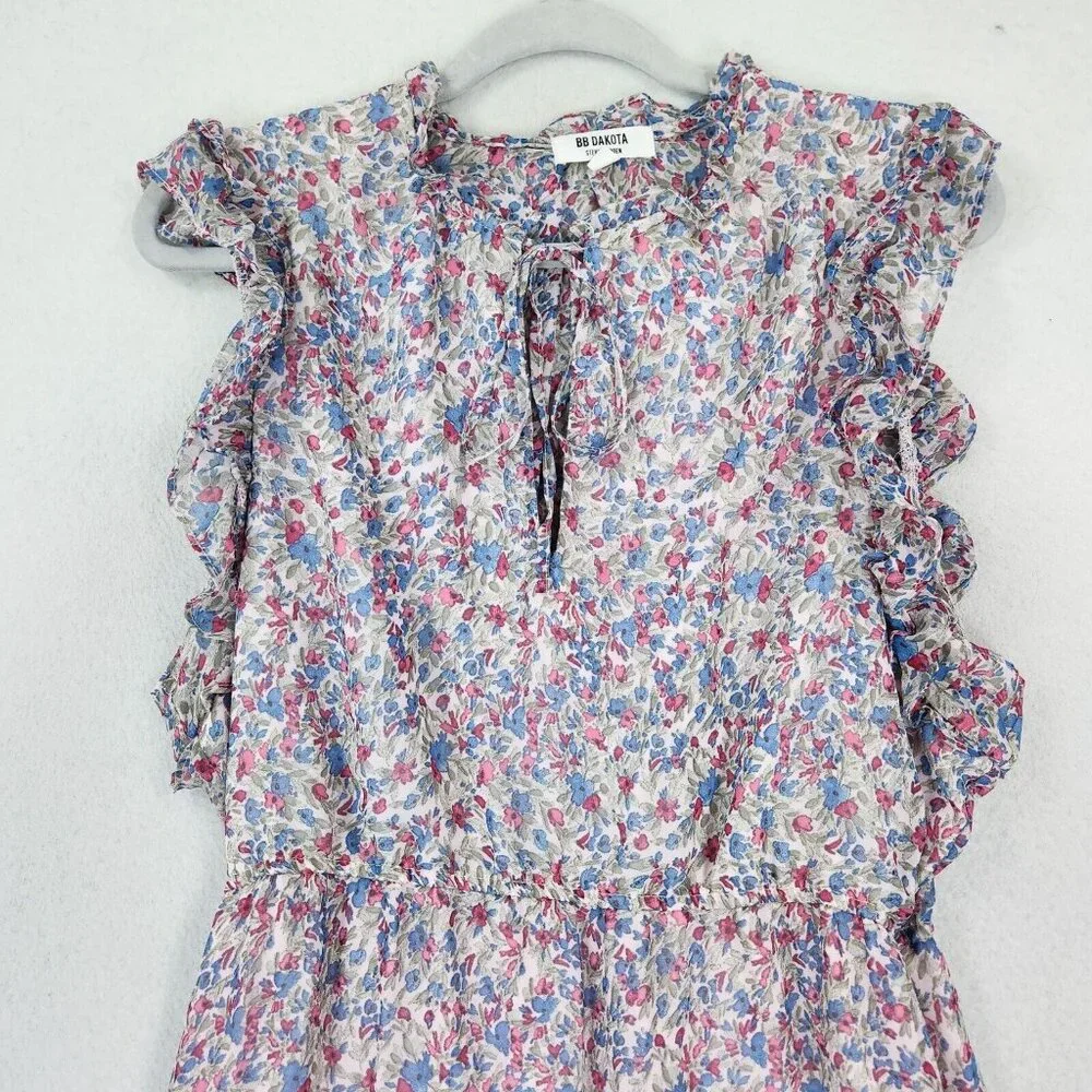 BB Dakota Dress Womens Large Blue Pink Floral Ruffle Tiered Maxi Peasant Cottage - Picture 2 of 13